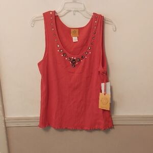 Ruby Rd Chili Orange Ribbed Sleeveless Embellished Beaded Top Sz L
